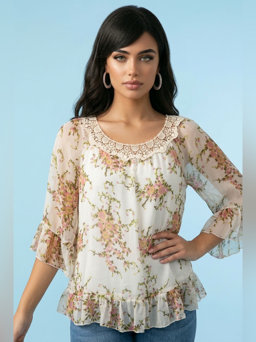 Elena Baldi Lace Floral Feminine Bow Peasant Lined Blouse Cream Pink-S